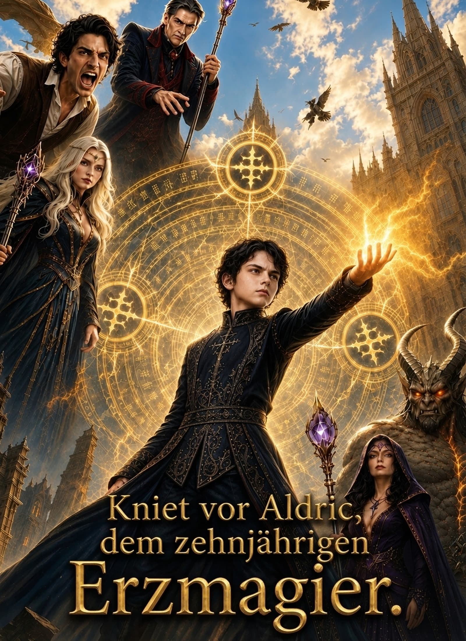 Kniet vor Aldric, dem zehnjährigen Erzmagier.